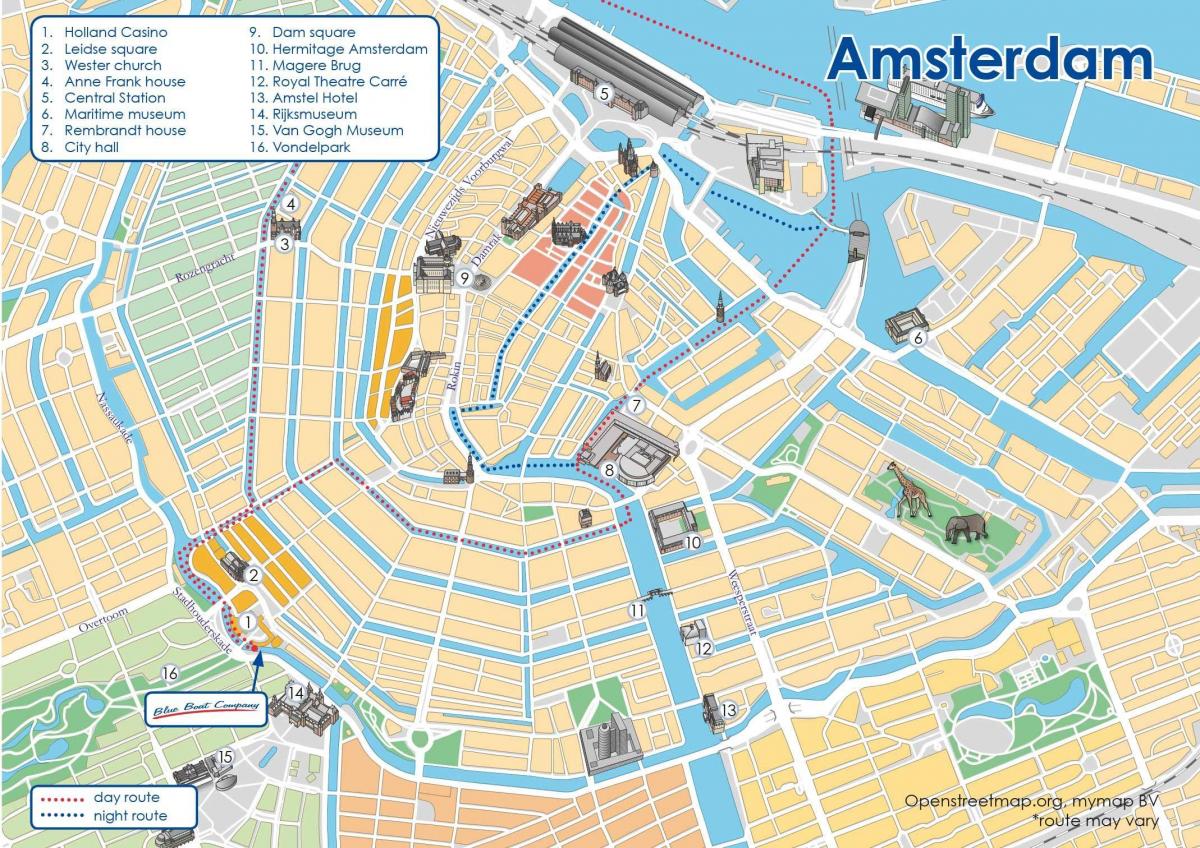 地図アムステルダムの運河船をルート